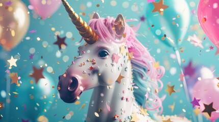 Festive unicorn star confetti balloons and New Year card with focus