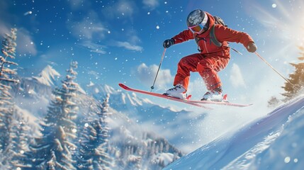 Skier Soaring Through a Snowy Mountain Landscape