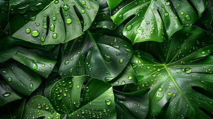 Fototapeta premium Close-up of lush green monstera leaves with raindrops for a tropical botanical background