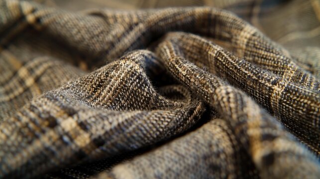 Close-up of a tweed fabric with a subtle checkered pattern, showcasing its textured surface and muted colors.