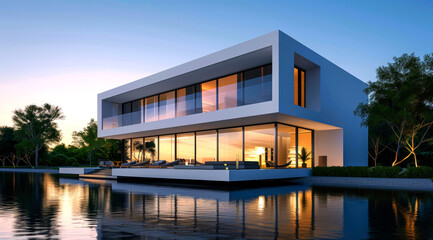 Fototapeta premium 3D rendering minimalist house modern near lake