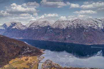 Aurlandsfjorden a fjord in Vestland county, Norway. The fjord flows through the municipalities of Aurland, Vik, and L&aelig;rdal