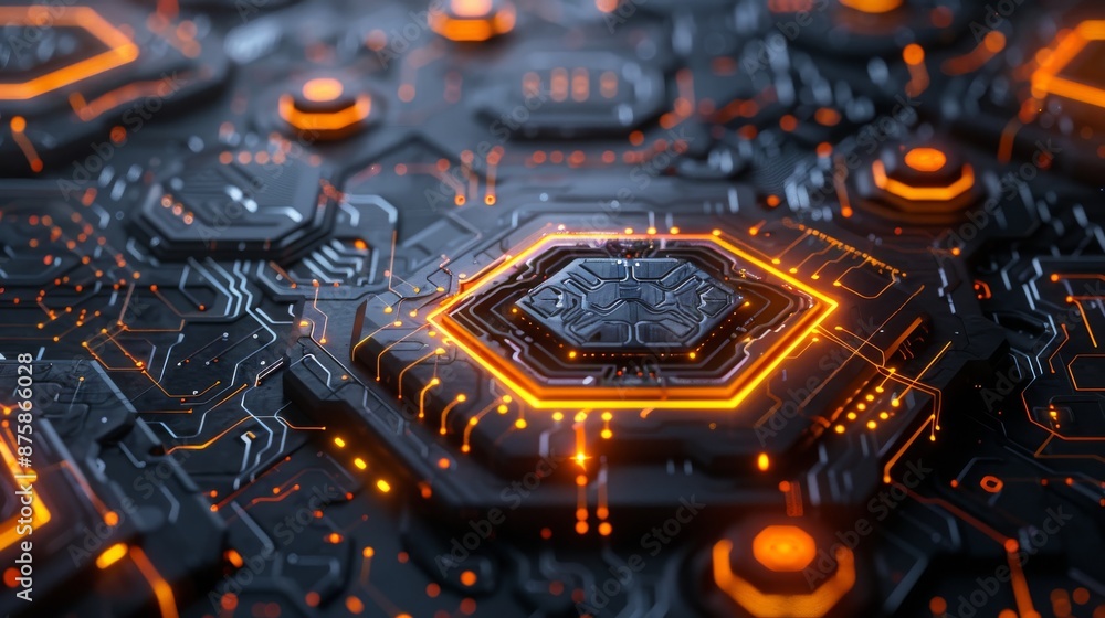 Poster futuristic glowing circuit board with hexagonal processor