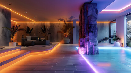 Obraz premium The enchanting ambiance of a modern basement adorned with LED strips, offering a serene and inviting space to retreat to