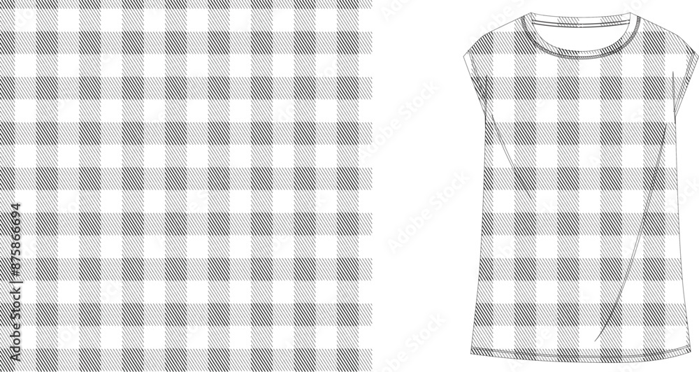 Poster a white and gray checkered pattern next to a simple dress with the same checkered pattern design ele