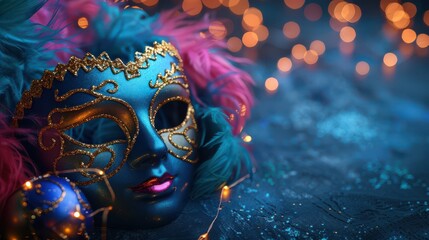 Intricate Blue and Gold Carnival Mask Surrounded by Festive Bokeh Lights.