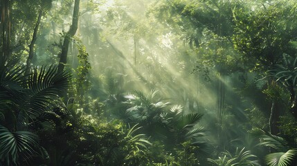 Lush Sunlight Filtering Through Dense Green Jungle Canopy