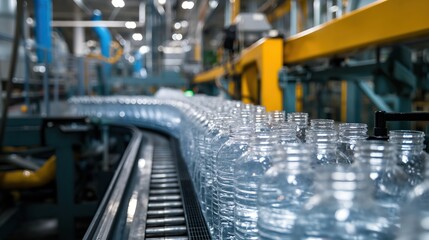 plastic water bottles on conveyor belt rollers or production line, automated industrial factory manufacture