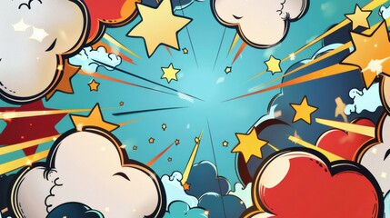 Dynamic Comic Book Explosion Featuring Vibrant Stars and Clouds on a Blue Background.