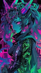 Demon girl, cyberpunk, futurism. 