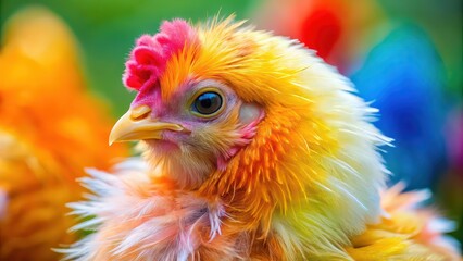 Fototapeta premium Close-up of a fluffy chicken with vibrant feathers, chicken, bird, poultry, farm, livestock, agriculture, cute, domesticated