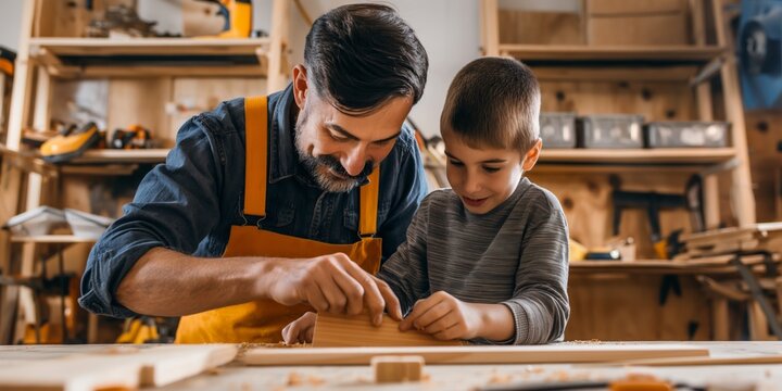 A cheerful father and son working together in a carpentry workshop, teaching and learning.