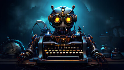 Fantasy factory! A dark scene reveals a magnificent steampunk robot made from a typewriter, its eyes glowing