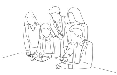 Continuous one line drawing of businesswoman explaining project details to team members, team discussion on project concept, single line art.
