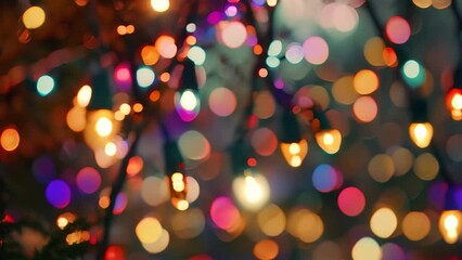 Vivid festive lights illuminate a tree up close, Festive lights twinkling in the background