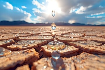 A single drop of water falls from a glass in the desert