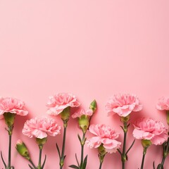 Fototapeta premium Pink Carnations on Pink Background - Beautiful Flowers for Spring - Colored Carnation - Background for Mother's Day, Woman's Day, Valentine's Day or Birthday - Space for Copy or Text
