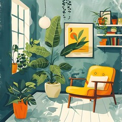 Cozy Living Room Interior with Houseplants