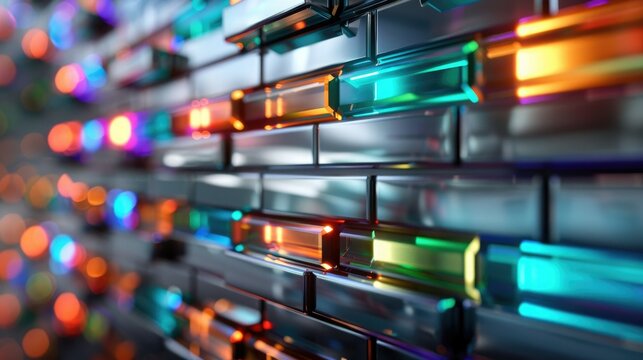 Close-up of a futuristic LED wall with colorful glowing bars and lights, representing advanced technology and modern design.