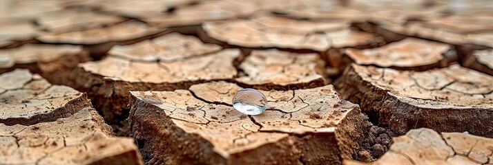 A small droplet of water rests on a piece of cracked earth