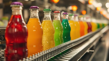 colorful soft drink sparkling glass bottles on conveyor belt rollers or production line, automated industrial factory manufacture