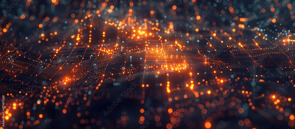 Poster highly detailed illustration of a cybernetic network with connected points and lines on a dark backg