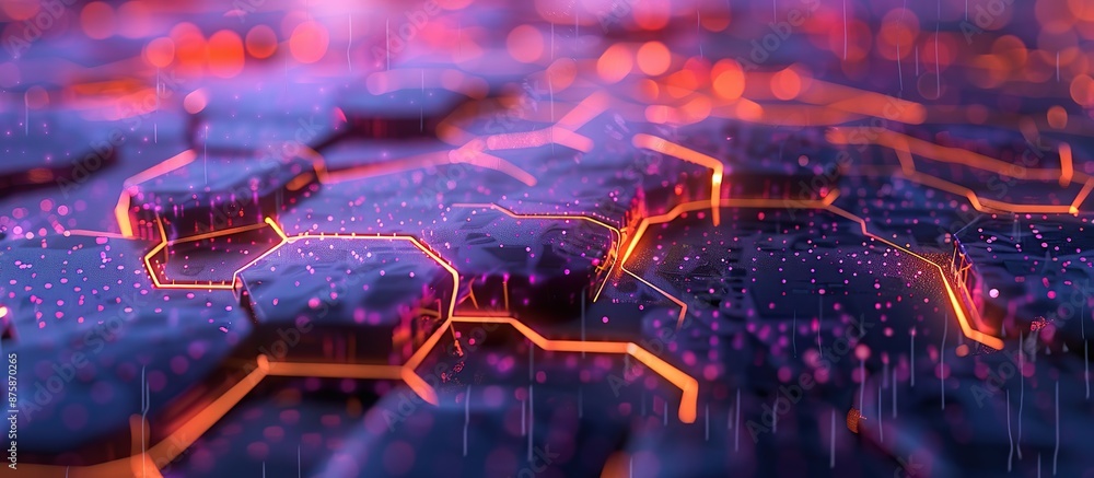 Poster highly detailed illustration of a cybernetic network with connected points and lines on a dark backg
