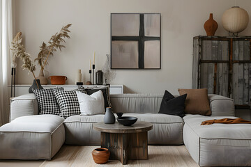 Interior design of living room interior with mock up poster frame, modular sofa, wooden coffee table, plaid, pillows, stylish sideboard, gray bowl, plaid and personal accessories. Home decor. Template