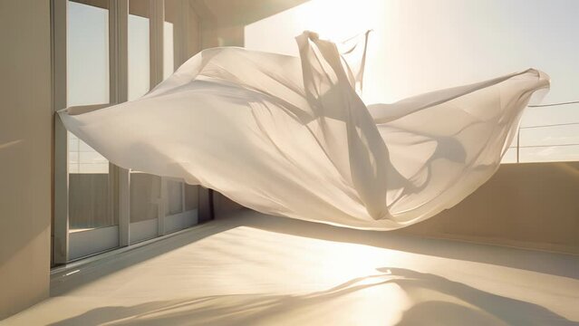A simple yet striking display of crisp linen sheets blowing in the wind on a balcony.