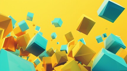 This dynamic image showcases floating colorful 3D cubes set against a yellow background, evoking a sense of energy, creativity, and playful abstraction.