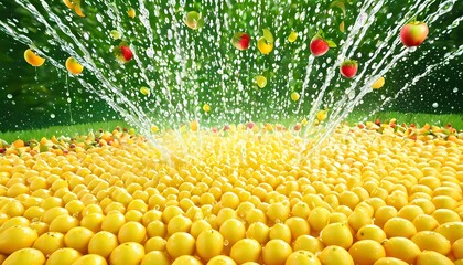 レモンのプールとそこからスプラッシュ飛び出す様々なフルーツイラスト