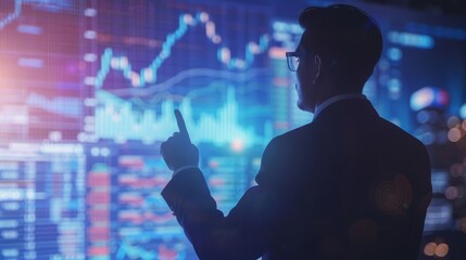 Stock market manager giving a presentation with graphs and charts, copy space, financial strategy, vibrant, Overlay, conference room backdrop