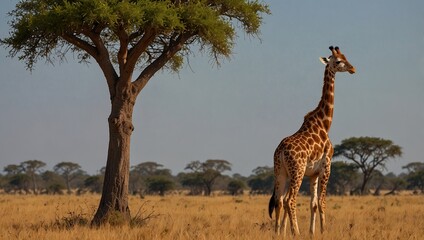 Obraz premium Majestic Tall Giraffe Standing Beside a Large Tree in a Lush Green Grassy Field Wildlife Safari Nature Scene