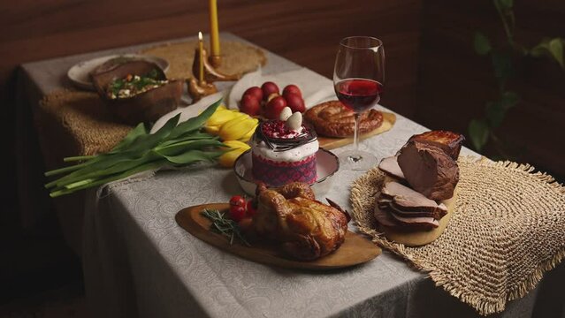 Festive table for Easter. Different dishes on the table. Slavic cuisine