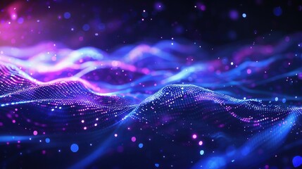 Abstract background with waves of glowing particles,