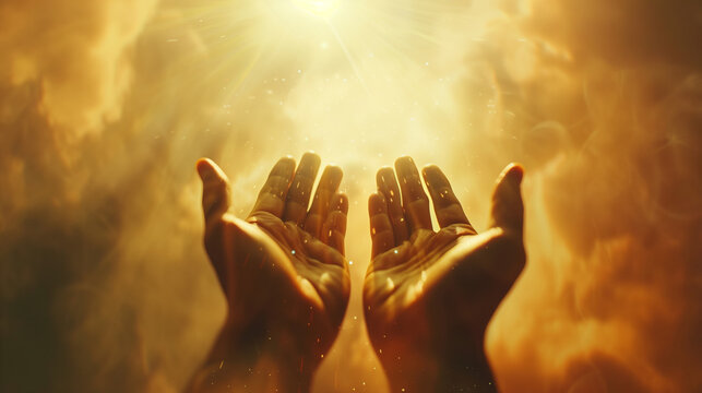 open hands with a golden glow, concept for the blessing of god, created with generative AI technology