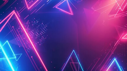 Abstract neon pink and blue background featuring geometric shapes with dynamic light trails. The vibrant design creates a futuristic and energetic visual effect