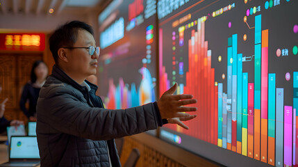 Leadership Development: A Chinese leadership coach conducting a workshop on leadership skills, with colorful computer-generated imagery to highlight key leadership traits and training modules