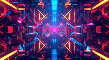 Abstract neon tunnel with vibrant geometric patterns in pink, blue, and yellow. The dynamic design features symmetrical shapes and intense light beams creating a futuristic visual effect