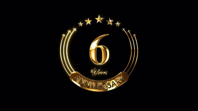Happy 6th Anniversary Celebration. Golden 6 Years Anniversary Animation in Gold Color on the Transparent Background, Alpha Channel. Great for greetings, celebrations, events, and gifts.