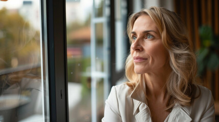 Middle age business woman looking at the window 