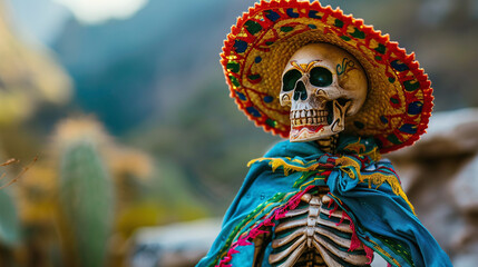 Fototapeta premium Skeleton in sombrero against canyon