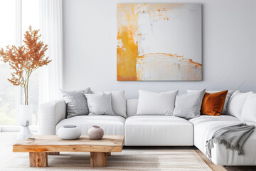 Minimalist contemporary living room interiors with minimal furniture and neutral colors. Residential Real Estate composition with copy space.