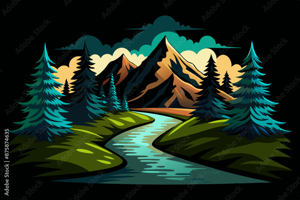 Wall mural illustration vector of green forest with pine trees and mountains and river at night time, cartoon l