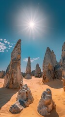 A desert landscape with a large rock formation and a sun in the sky