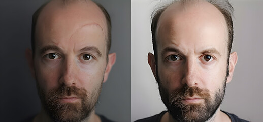 Fototapeta premium Comparison of hair loss treatment in men before and after – a visual journey to success