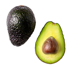 **A tropical image of an avocado and an avocado cut in half on transparent background. Ai generated 