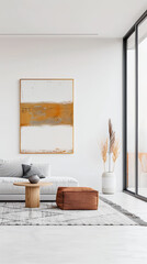 Minimalist contemporary living room interiors with minimal furniture and neutral colors. Residential Real Estate composition with copy space.