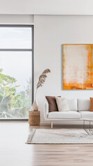 Minimalist contemporary living room interiors with minimal furniture and neutral colors. Residential Real Estate composition with copy space.