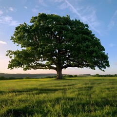 Large Oak Tree in Field with Green Grass and Blue Sky